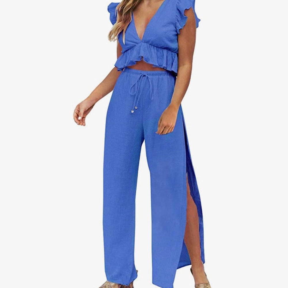 2 Pieces Outfits Deep V Neck Crop Top Side Slit Wide Leg Pants Set Jumpsuit